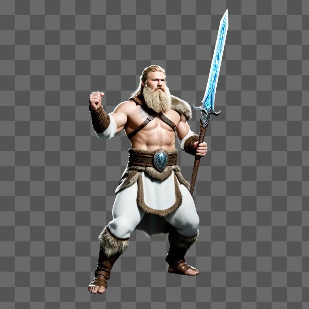 bearded man holds a sword in his right hand