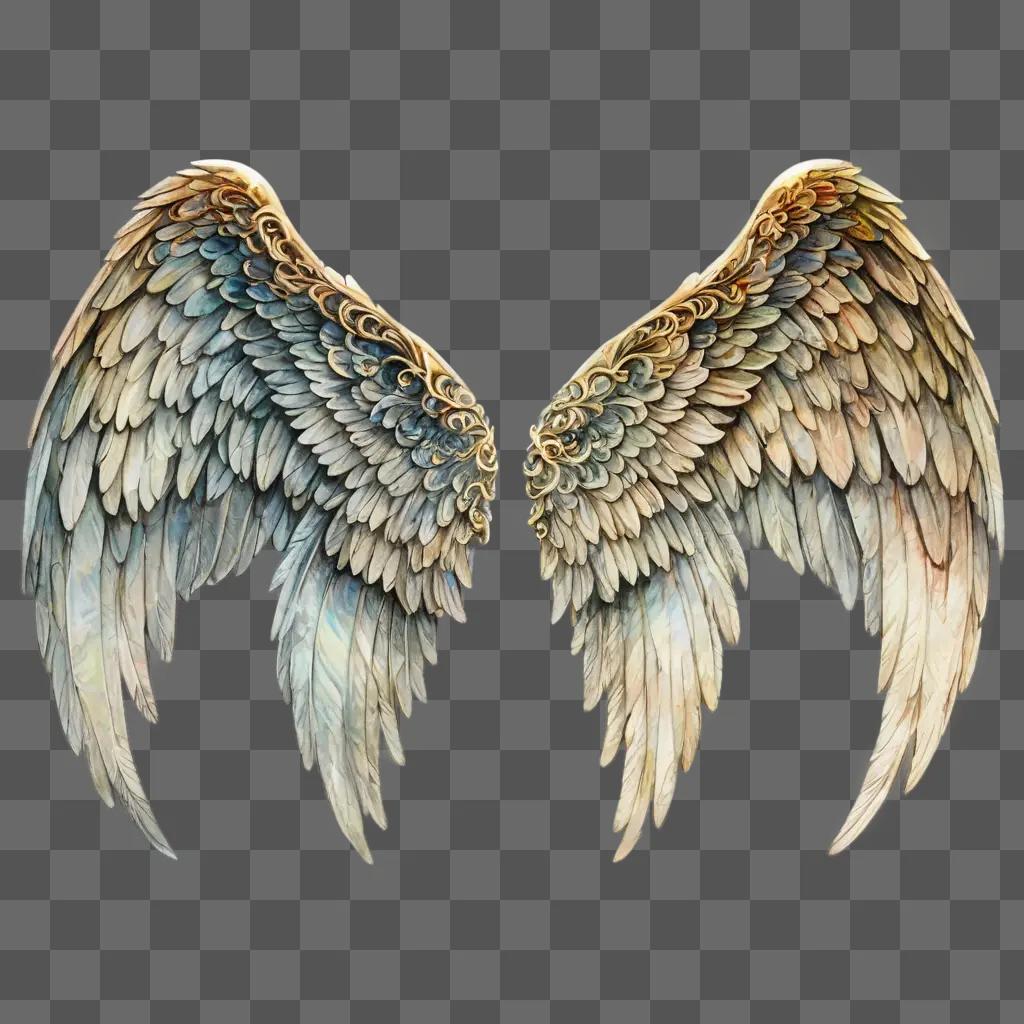 beautiful angel wings drawing Two large golden angel wings on a beige background