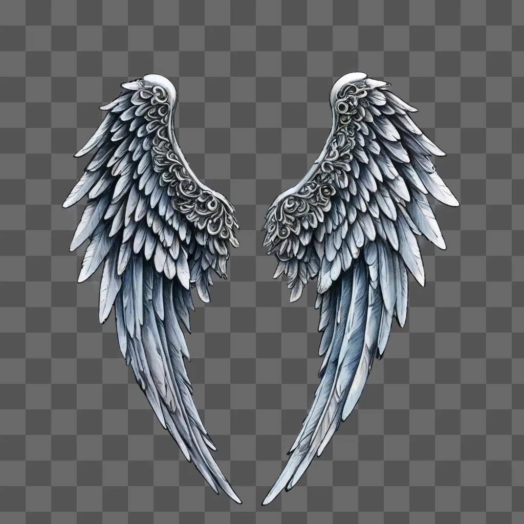 beautiful angel wings drawing Two silver wings against a gray background