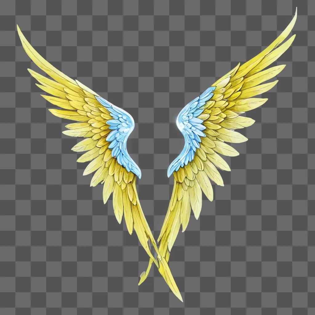 beautiful angel wings drawing Two wings with blue and yellow feathers on a green background