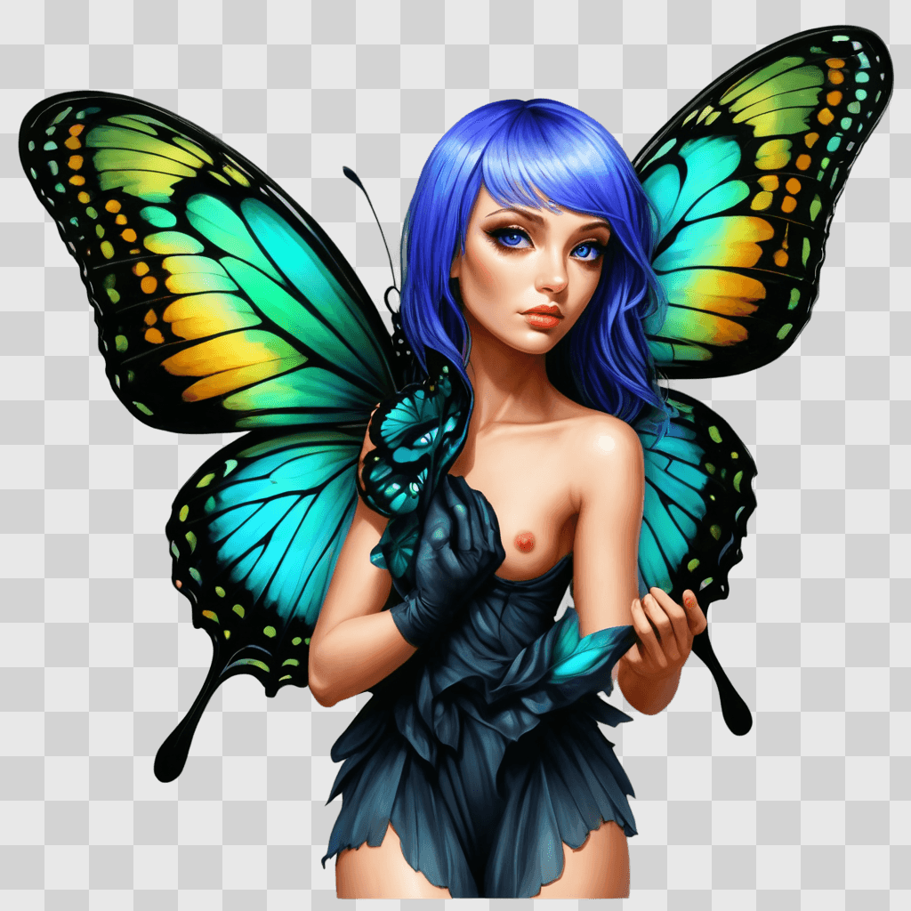 beautiful butterfly drawing A blue-haired fairy with a butterfly on her back