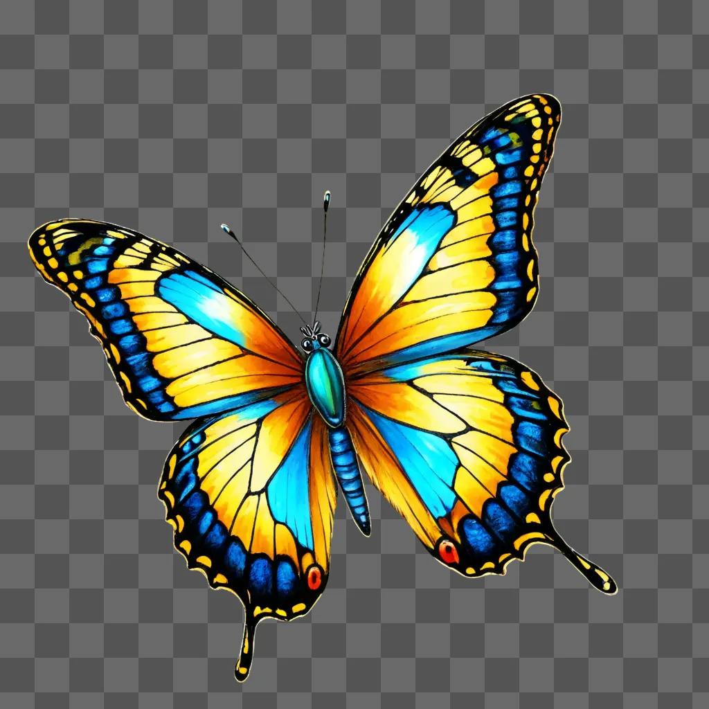 beautiful butterfly drawing A butterfly with blue and yellow wings is depicted against a green background