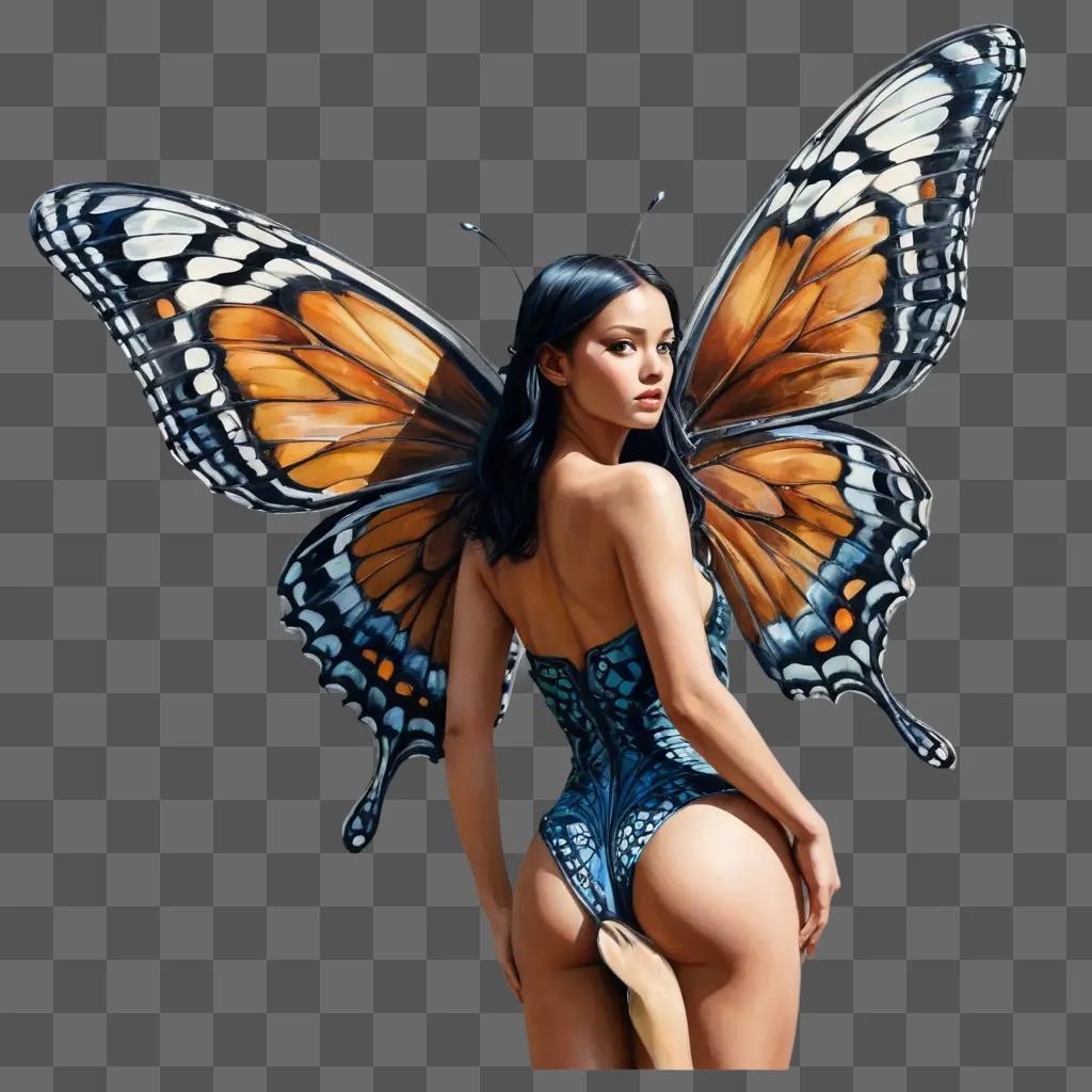 beautiful butterfly drawing A lady with butterfly wings painted on her back