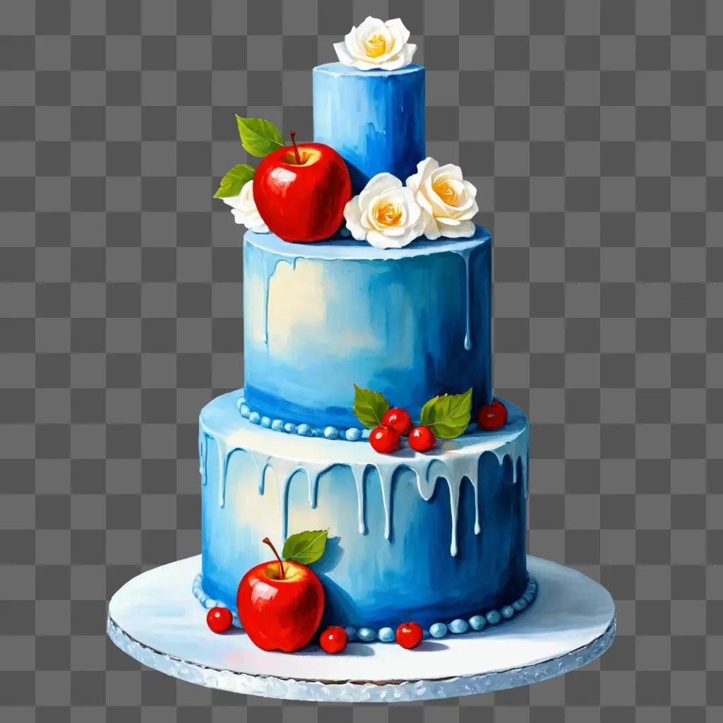 beautiful cake drawing A blue cake with white flowers and red apples