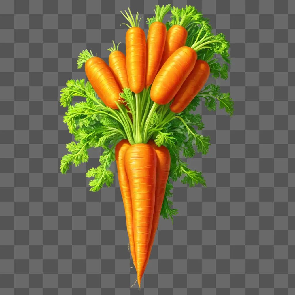 beautiful carrot drawing A bunch of carrots with green tops on a green background