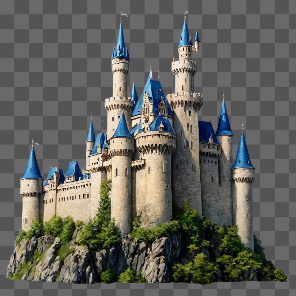 beautiful castle drawing A castle with blue roofs stands on a rocky island