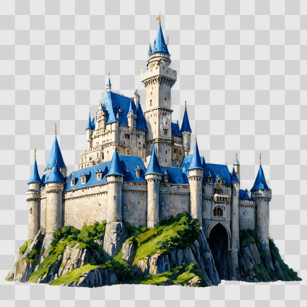 beautiful castle drawing A large castle on an island with a blue roof