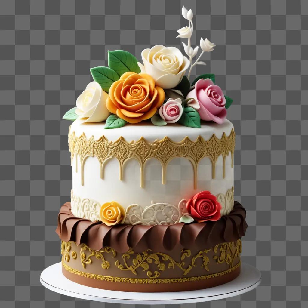 beautiful drawing of a cake with roses and gold