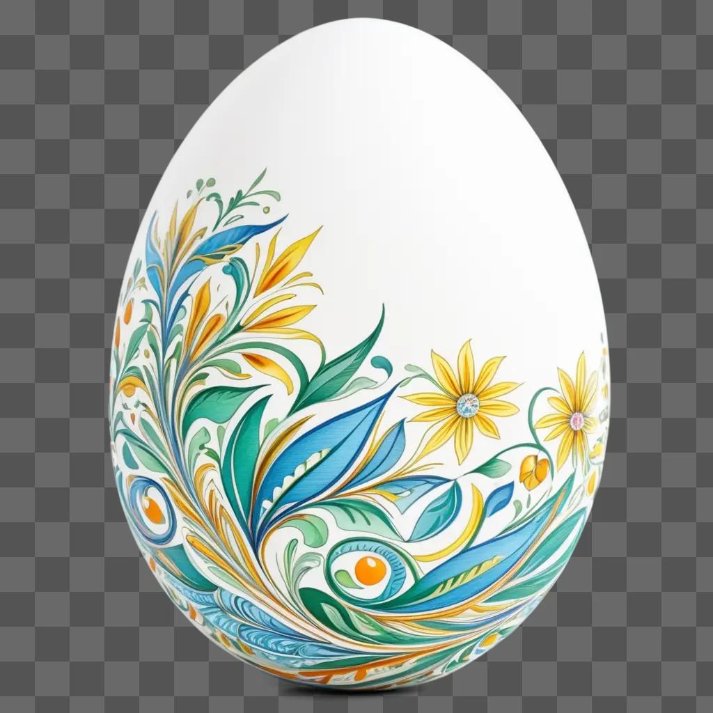 beautiful egg drawing with yellow flowers and green leaves