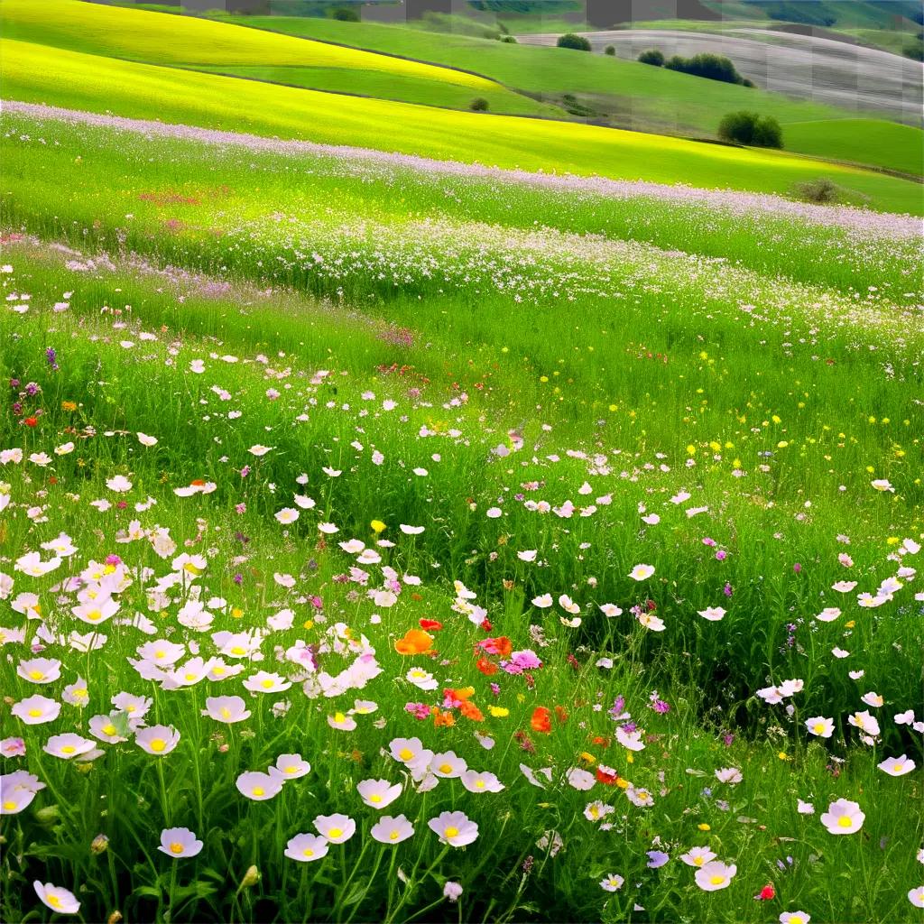 beautiful field of wildflowers with a hill in the background