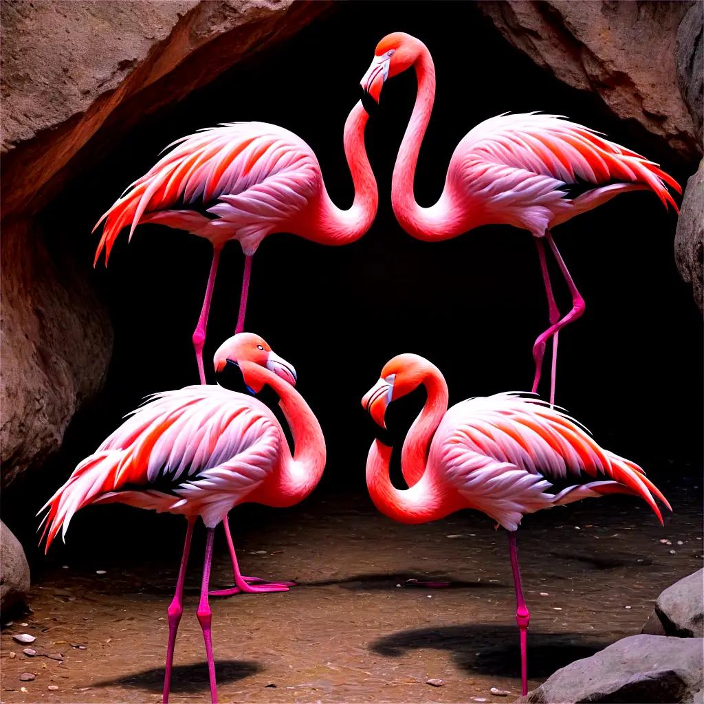 beautiful flamingos drawing Four pink flamingos stand together in a cave