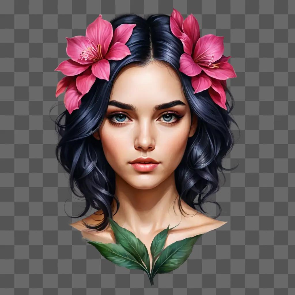 beautiful flower drawing A girl with flowers in her hair and green leaves on her face