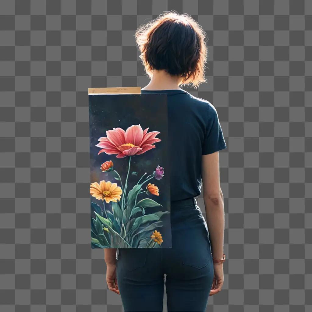 beautiful flower drawing A woman carrying a painting back on her back