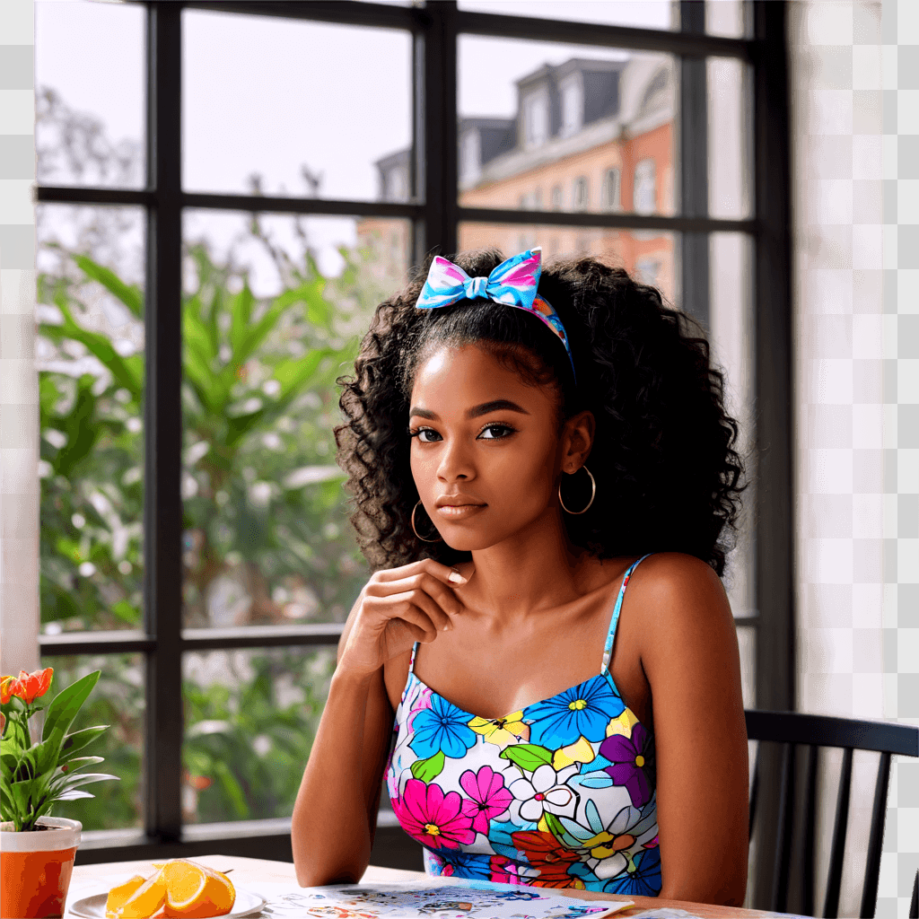 beautiful flower drawing A woman with a colorful dress and flower headband sits at a table