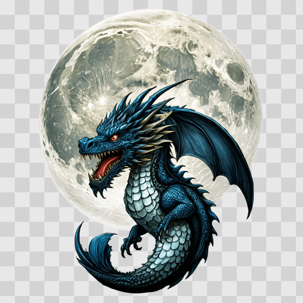 beautiful moon drawing A blue dragon in front of a full moon