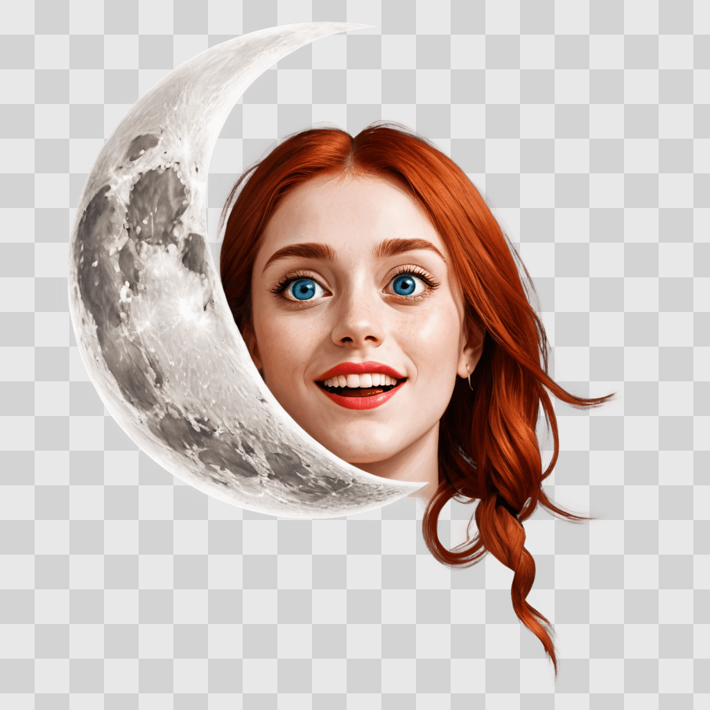 beautiful moon drawing A girl with red hair and blue eyes is smiling at a crescent moon