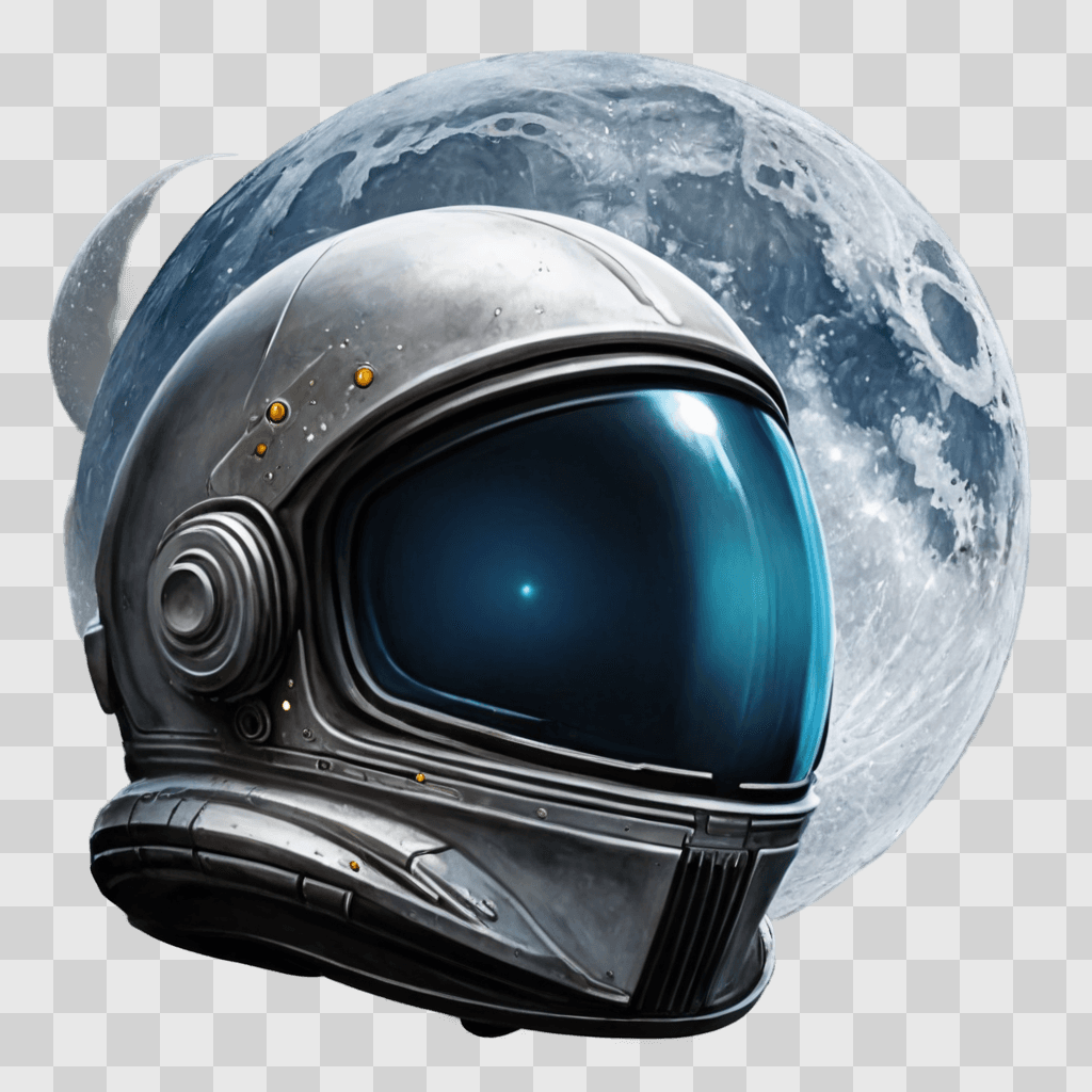 beautiful moon drawing A helmet with a blue visor is shown in front of a moon