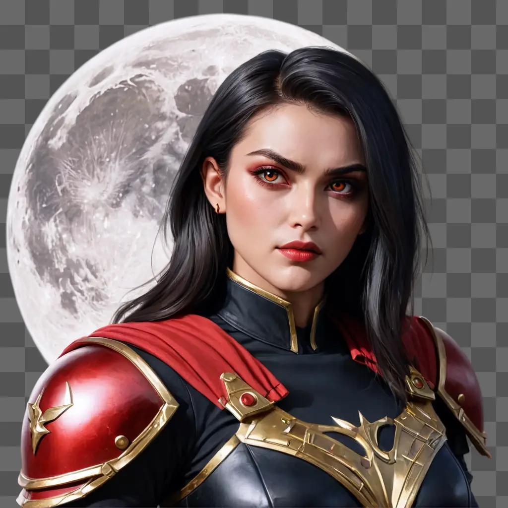 beautiful moon drawing A lady in a red and black suit stands in front of a moon