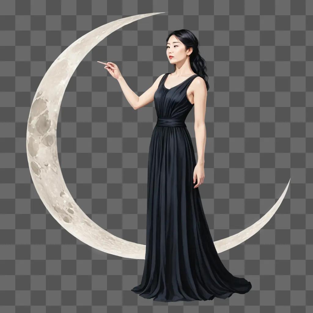 beautiful moon drawing A woman in a black dress pointing towards a crescent moon