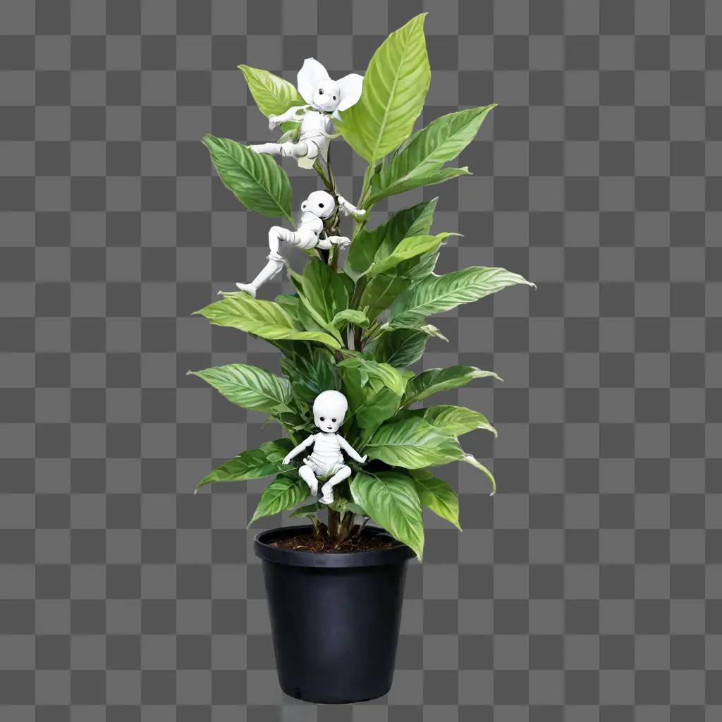 美しい植物の絵 植物の葉に3つの白い赤ちゃんの骸骨