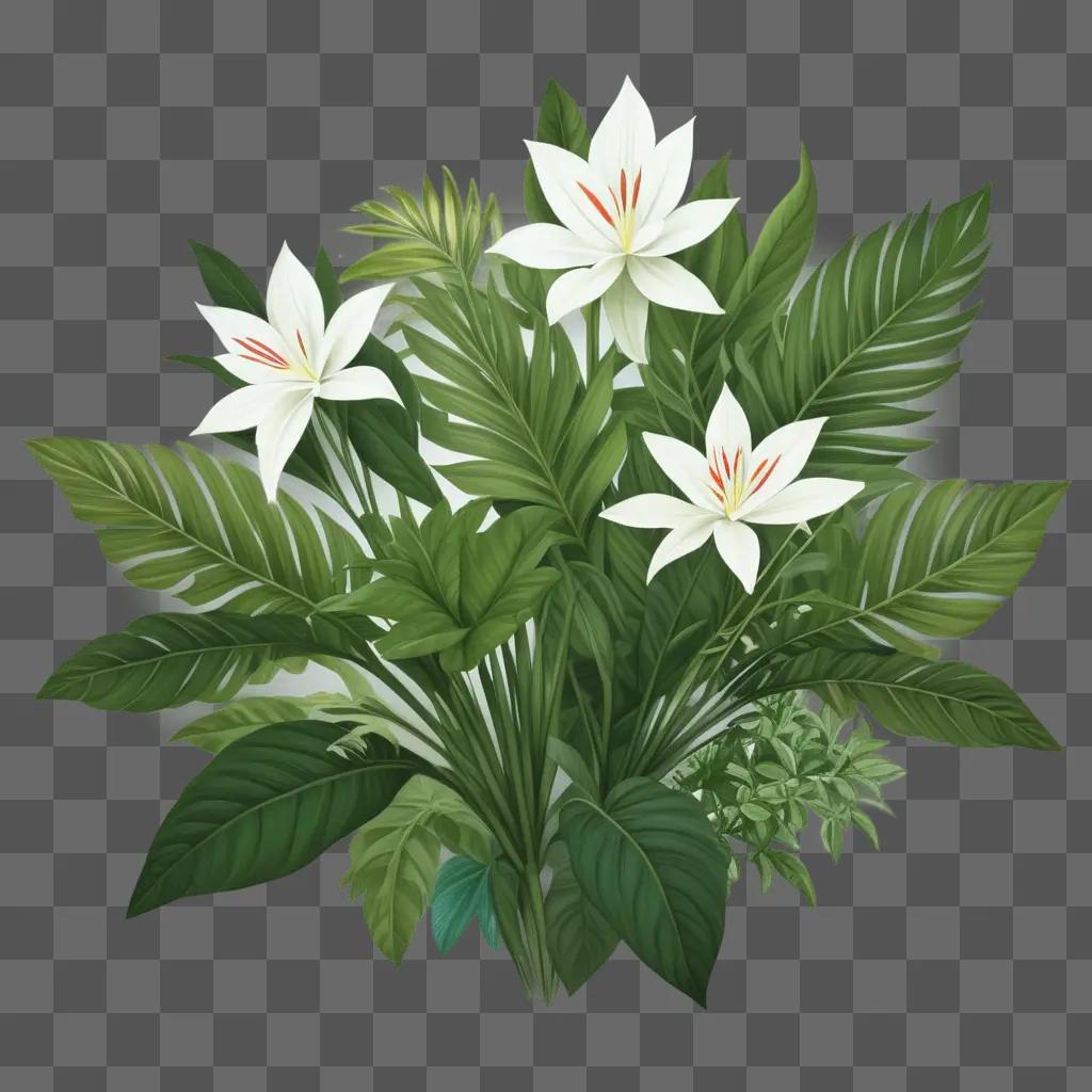 白と緑の花が描かれた美しい植物の絵