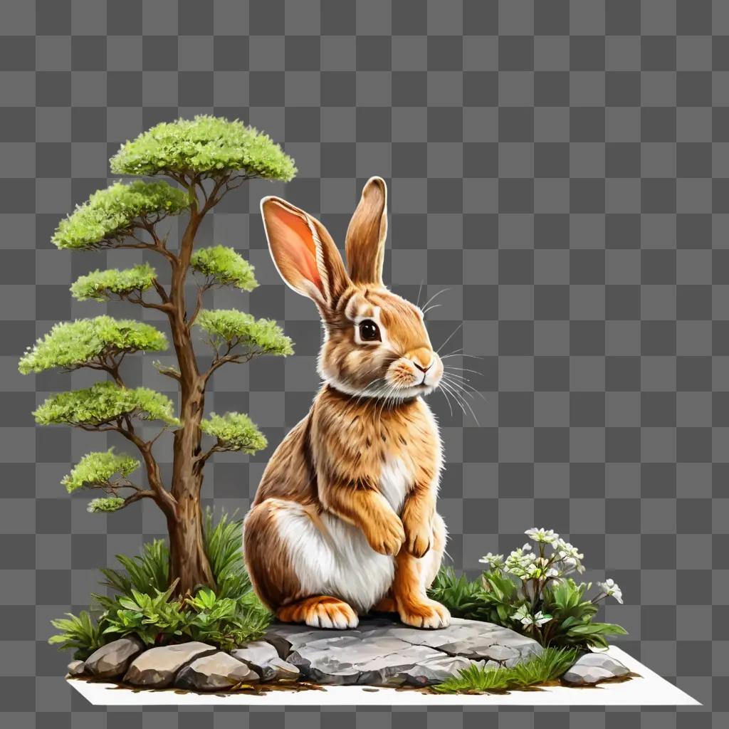 美しいウサギの絵 ウサギは木と岩の前に座っています