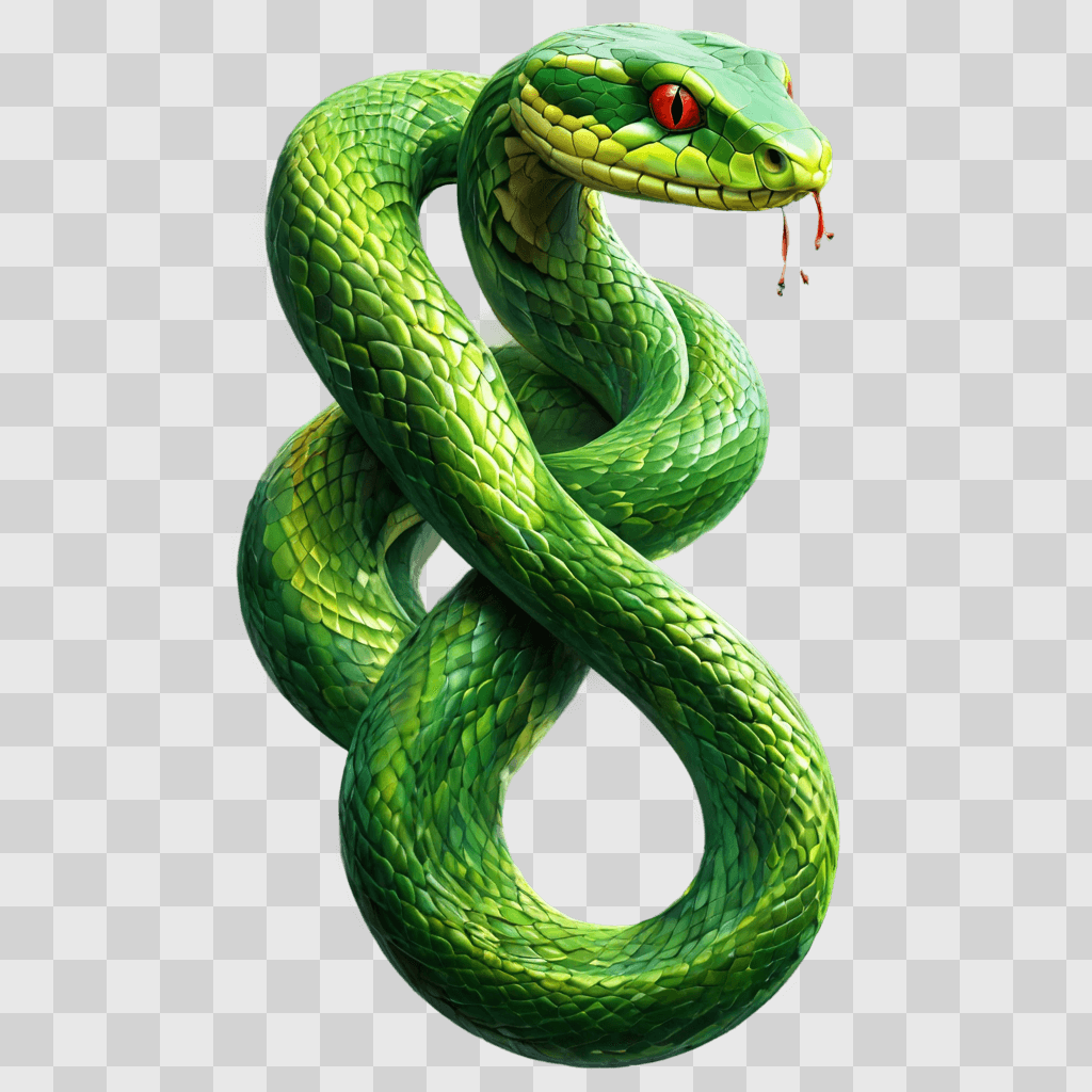 beautiful snake drawing Green snake with red eyes on a green background