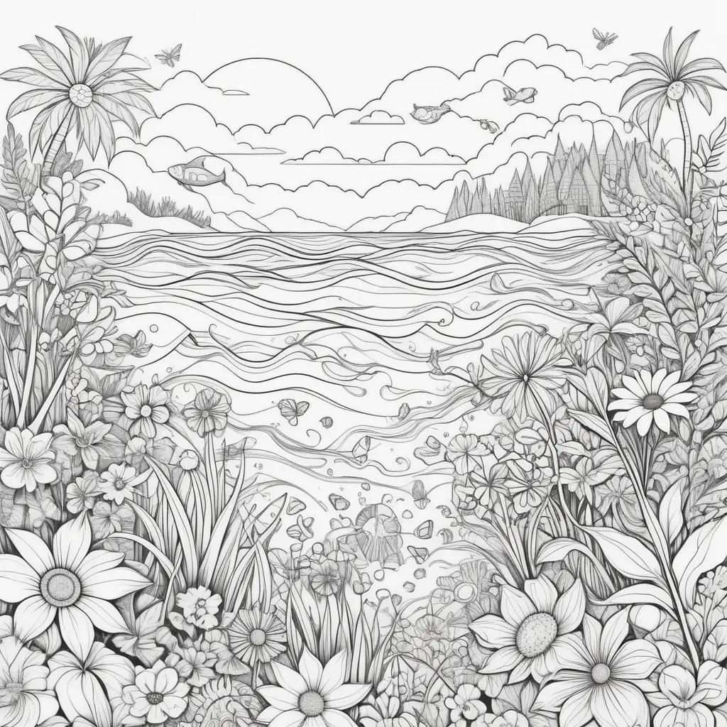 beautiful summer coloring page with flowers and birds