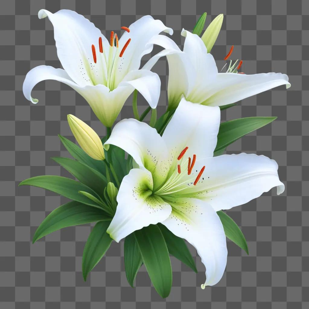 beautiful white lily with red stamen and green leaves