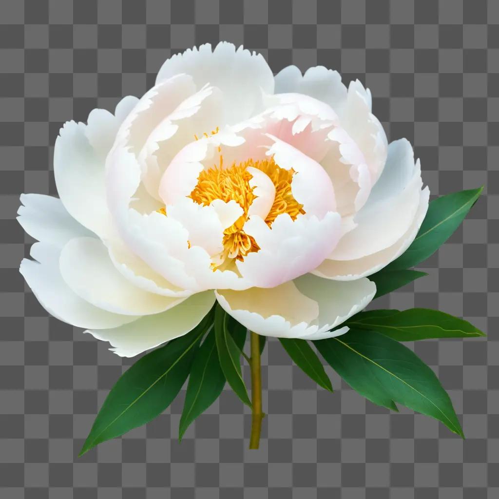 beautiful white peony with yellow center and green leaves