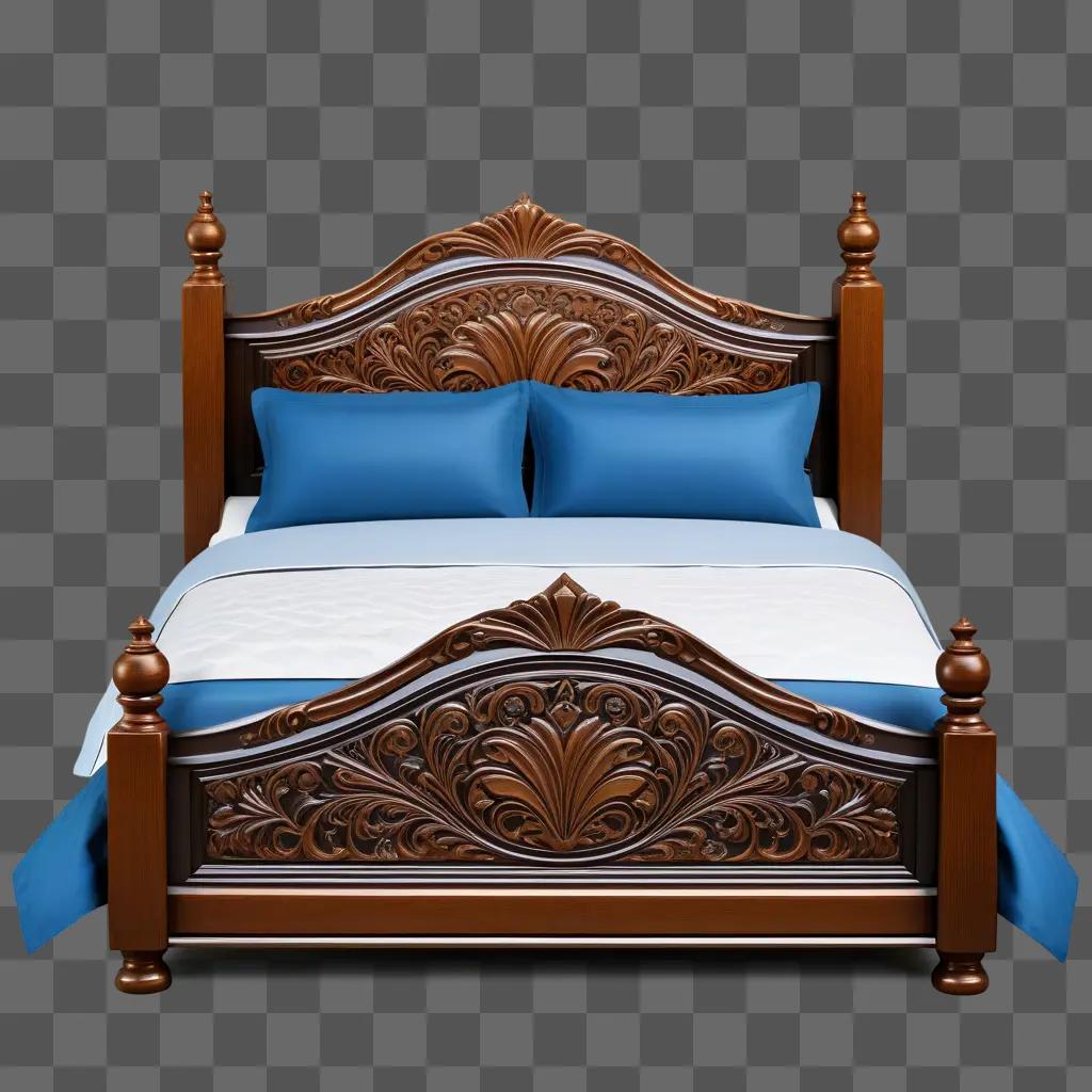 beautifully carved bed with a blue comforter