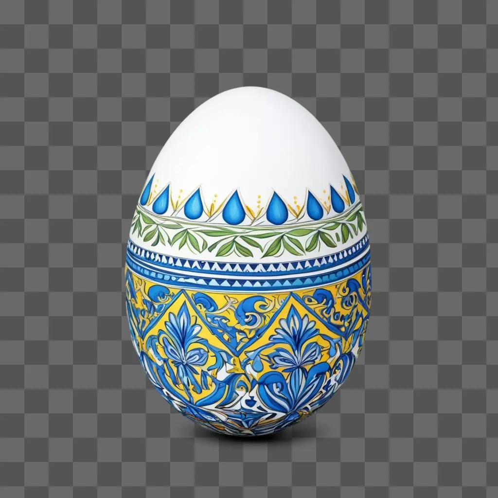 beautifully decorated Easter egg is shown against a blue background