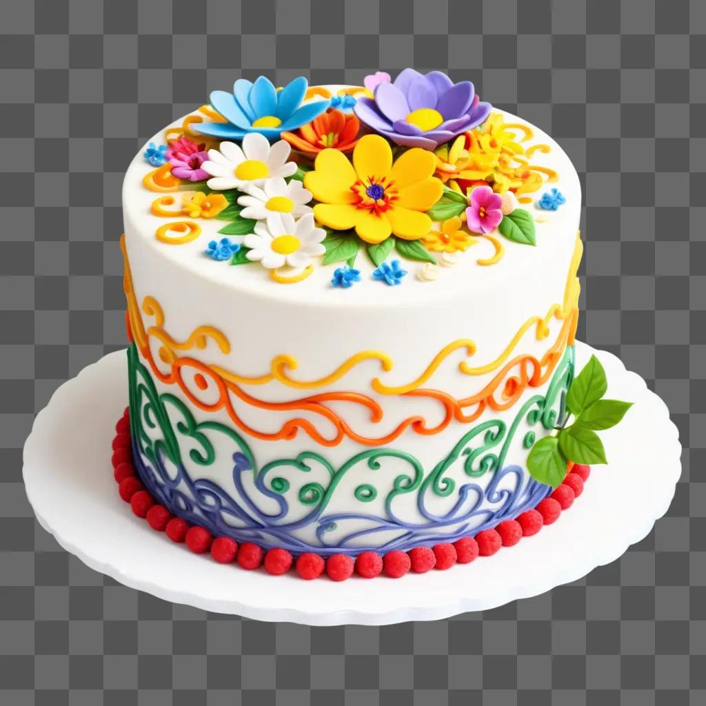 beautifully decorated cake with colorful flowers and leaves