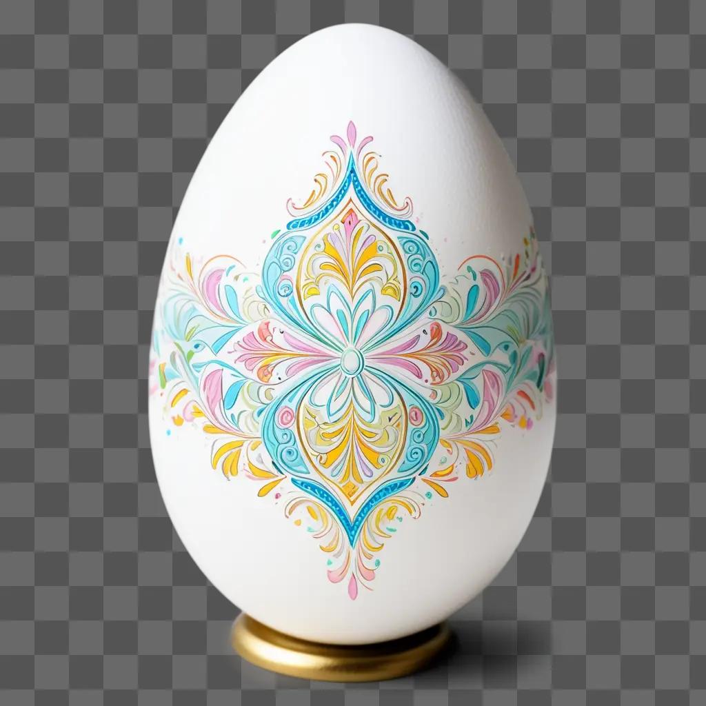 beautifully decorated egg sits on a stand