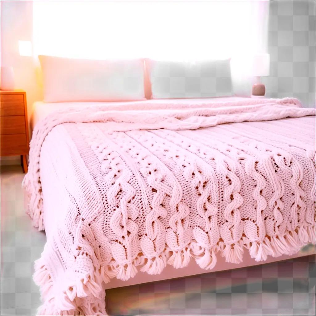 ピンクのニットブランケットで飾られたベッド