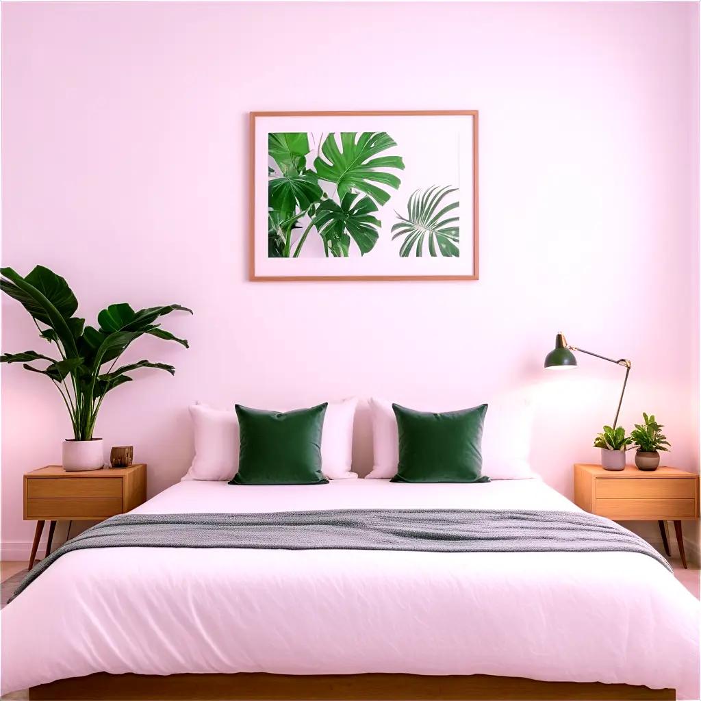 bed in a bedroom with a plant and lamp