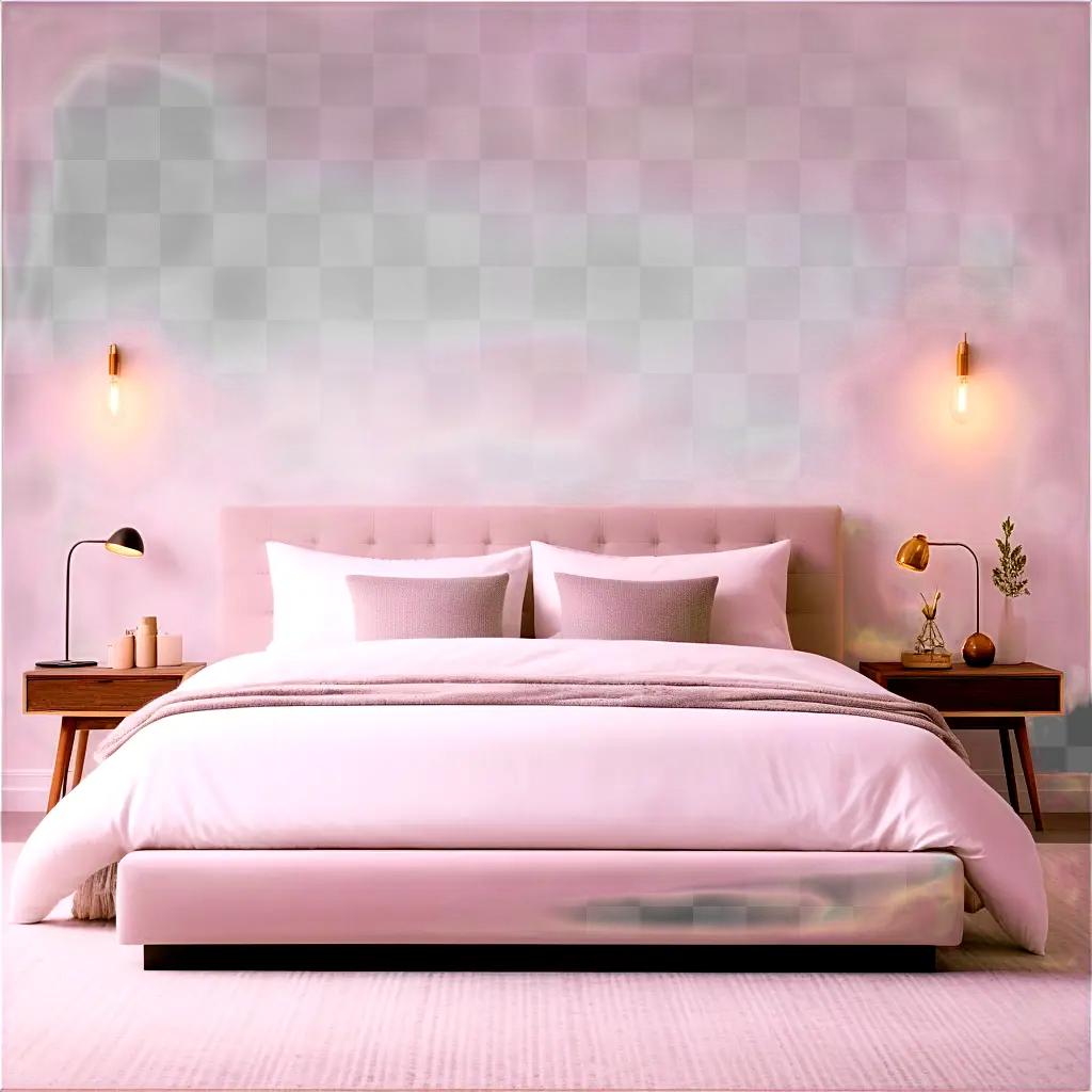 bed in a bedroom with pink walls and white pillows