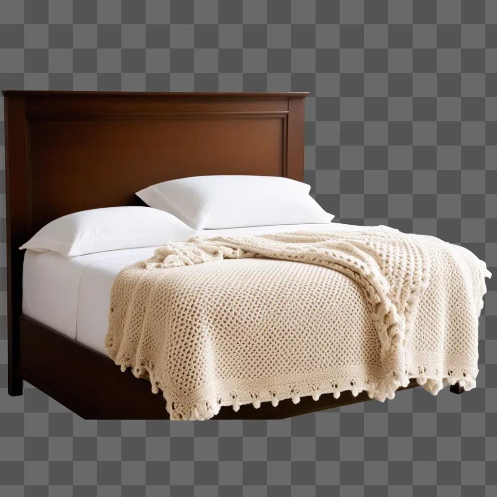 bed with a white blanket and a wooden headboard