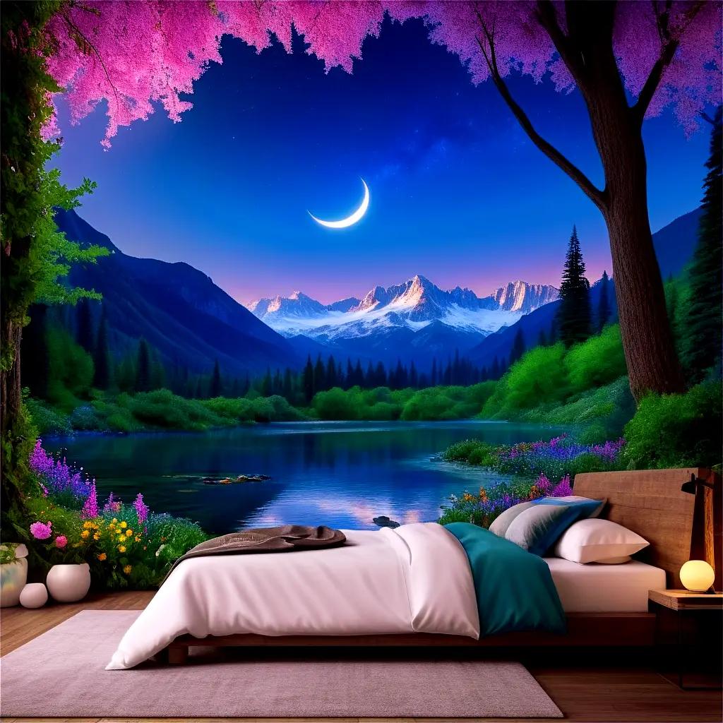 bedroom with a mountain view and pink flowers