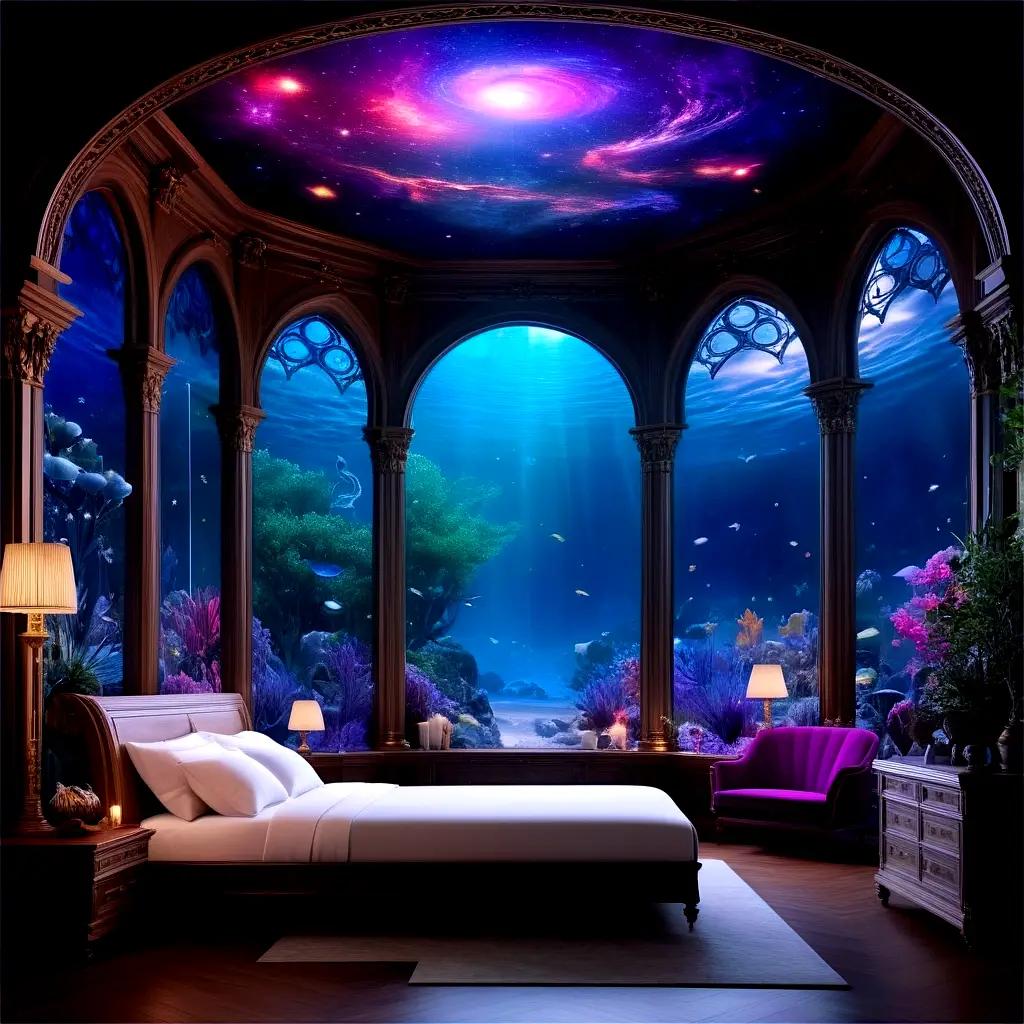 bedroom with a transparent ceiling and a bed