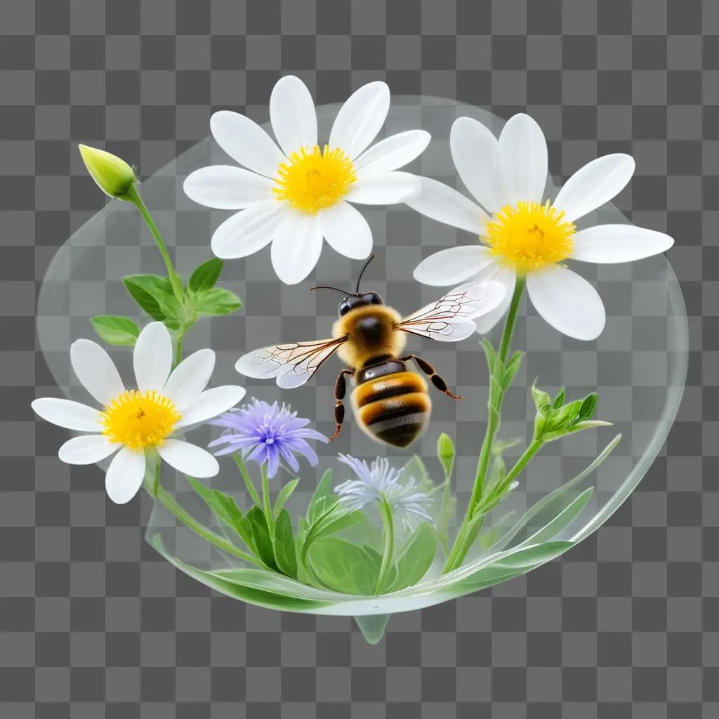 bee flying through a transparent floral scene