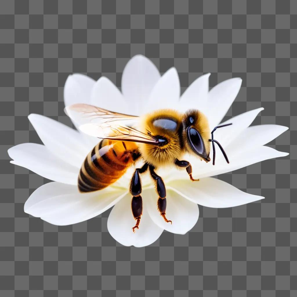 bee with black antennae and yellow and black wings is on a white flower