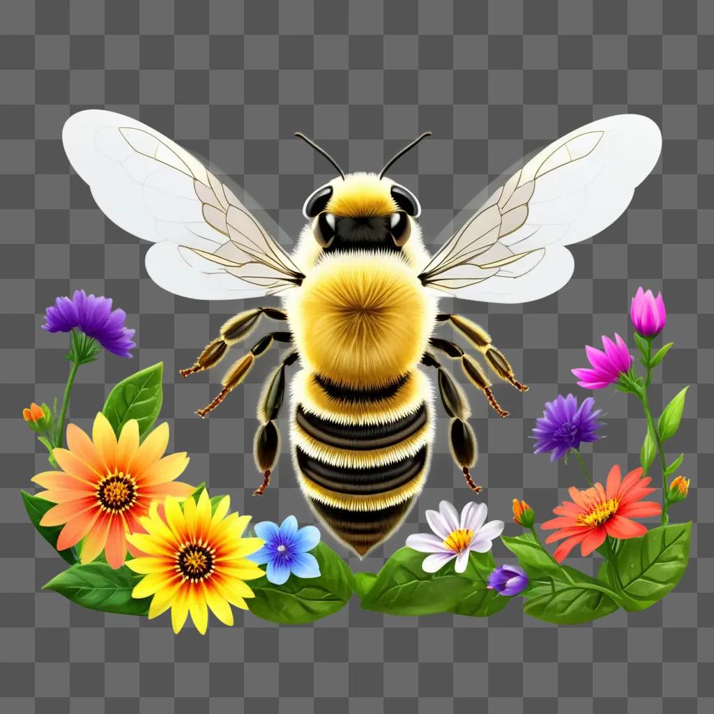 bee with transparent wings stands amidst a vibrant floral backdrop