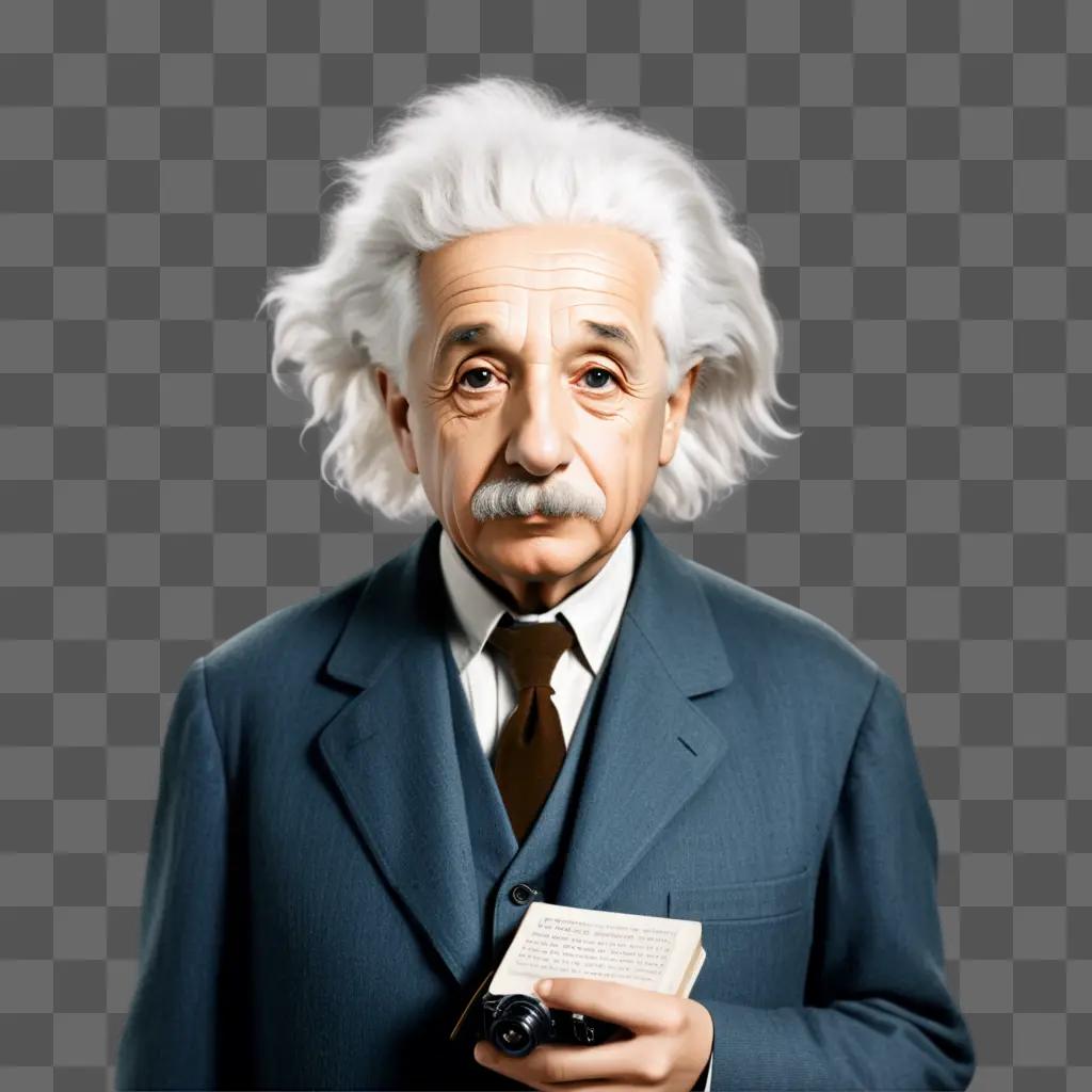 bert Einstein holds a book in a suit