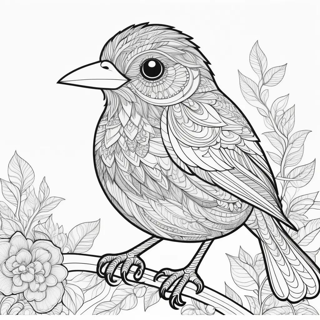 bird coloring page with a flower and leaves