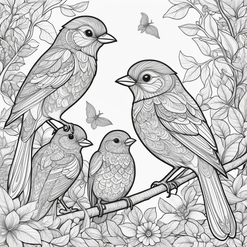 bird coloring page with different colored birds