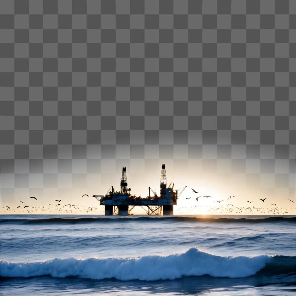 海に浮かぶ石油掘削装置の上を飛ぶ鳥