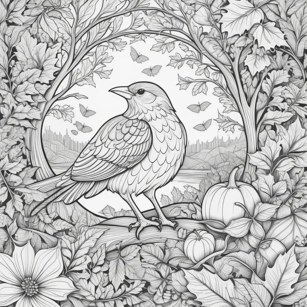 bird sits on a tree branch in a coloring page for fall