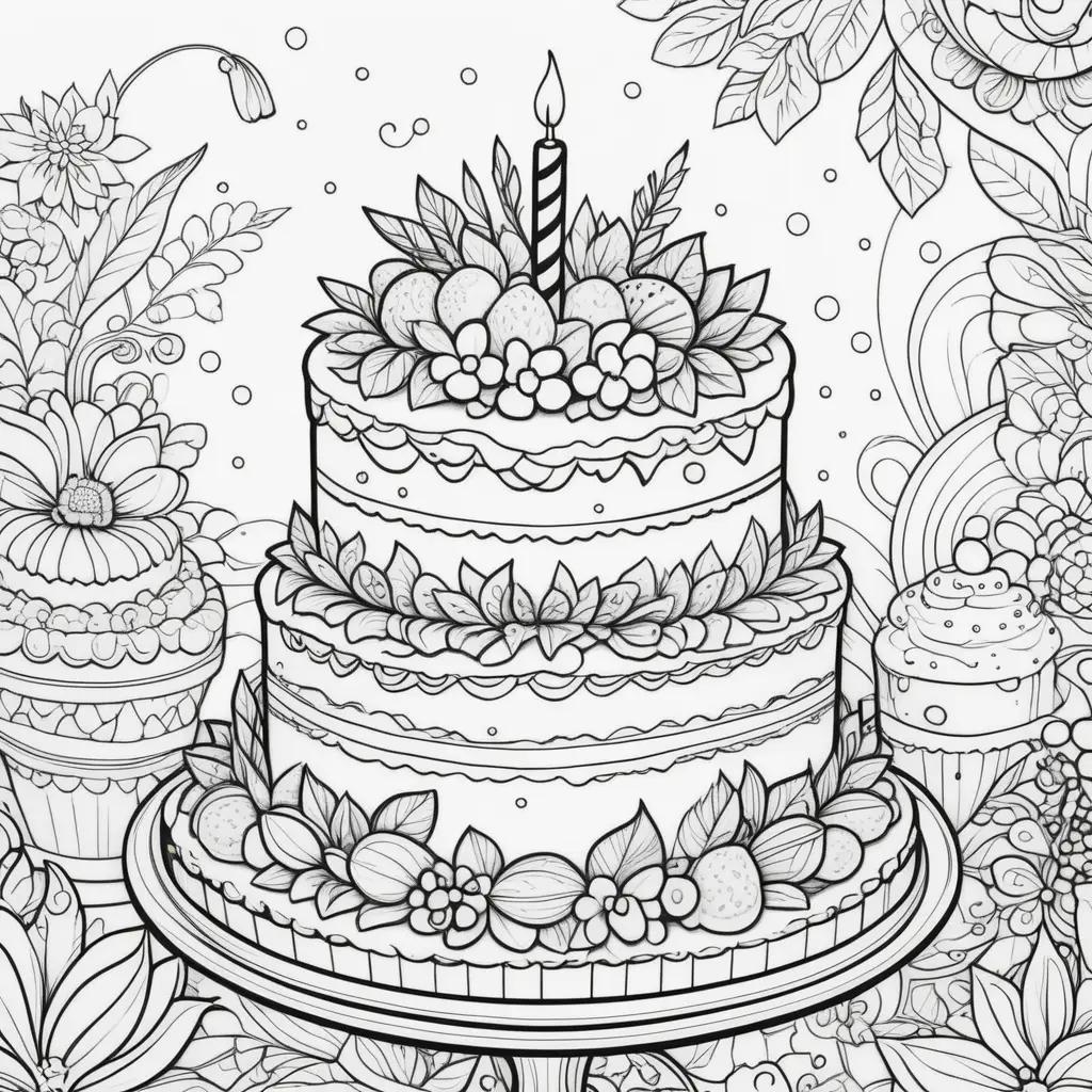 birthday cake coloring page with a candle and flowers