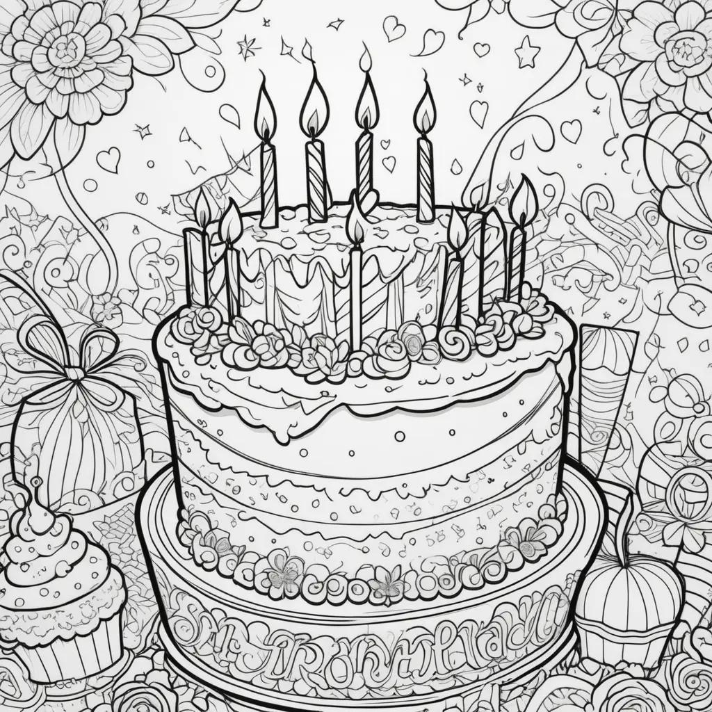 お誕生日おめでとうぬりえにキャンドルとバースデーケーキ